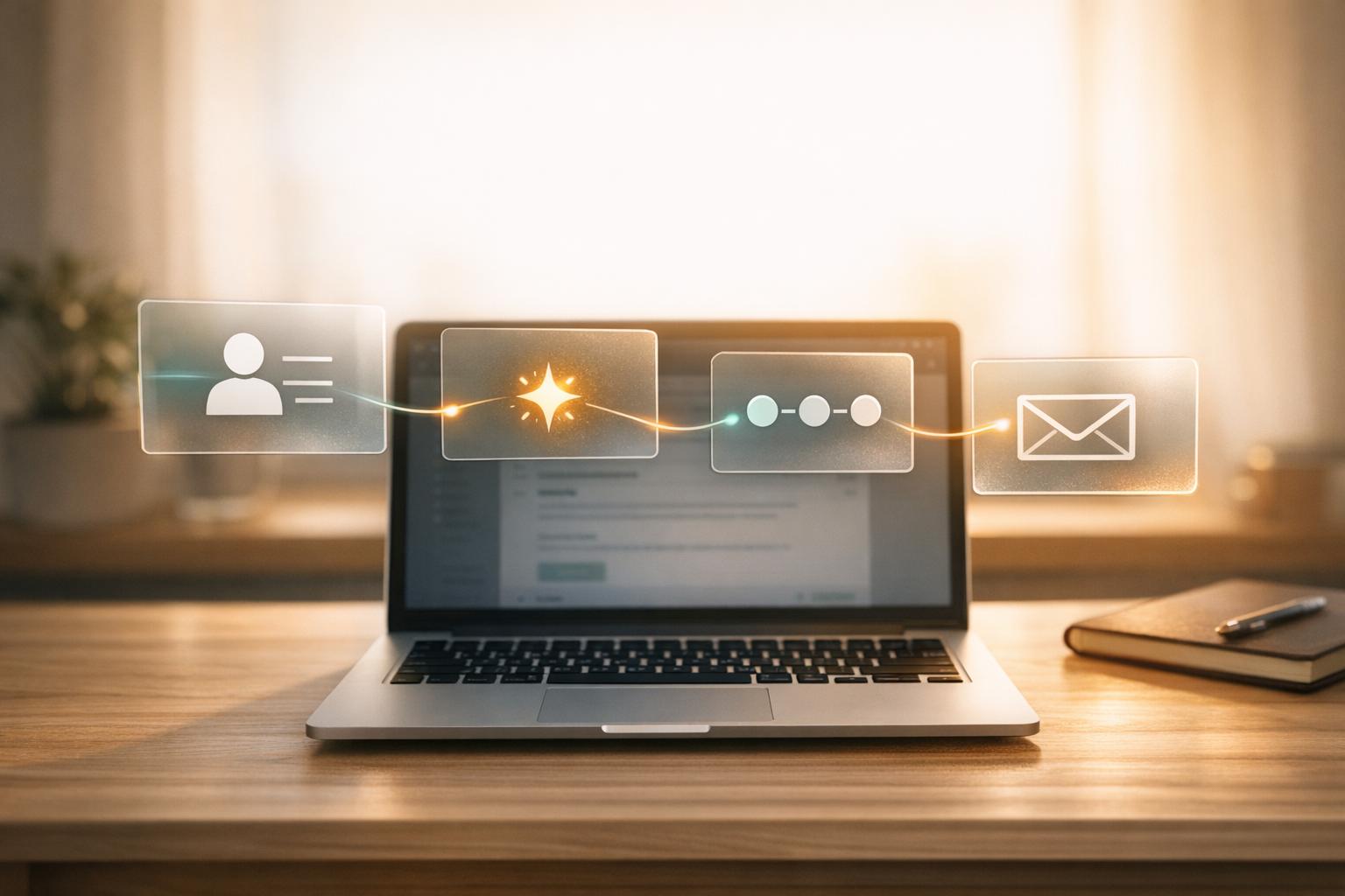 Sales professional reviewing automated cold email workflow on computer screen with AI-powered personalization tools