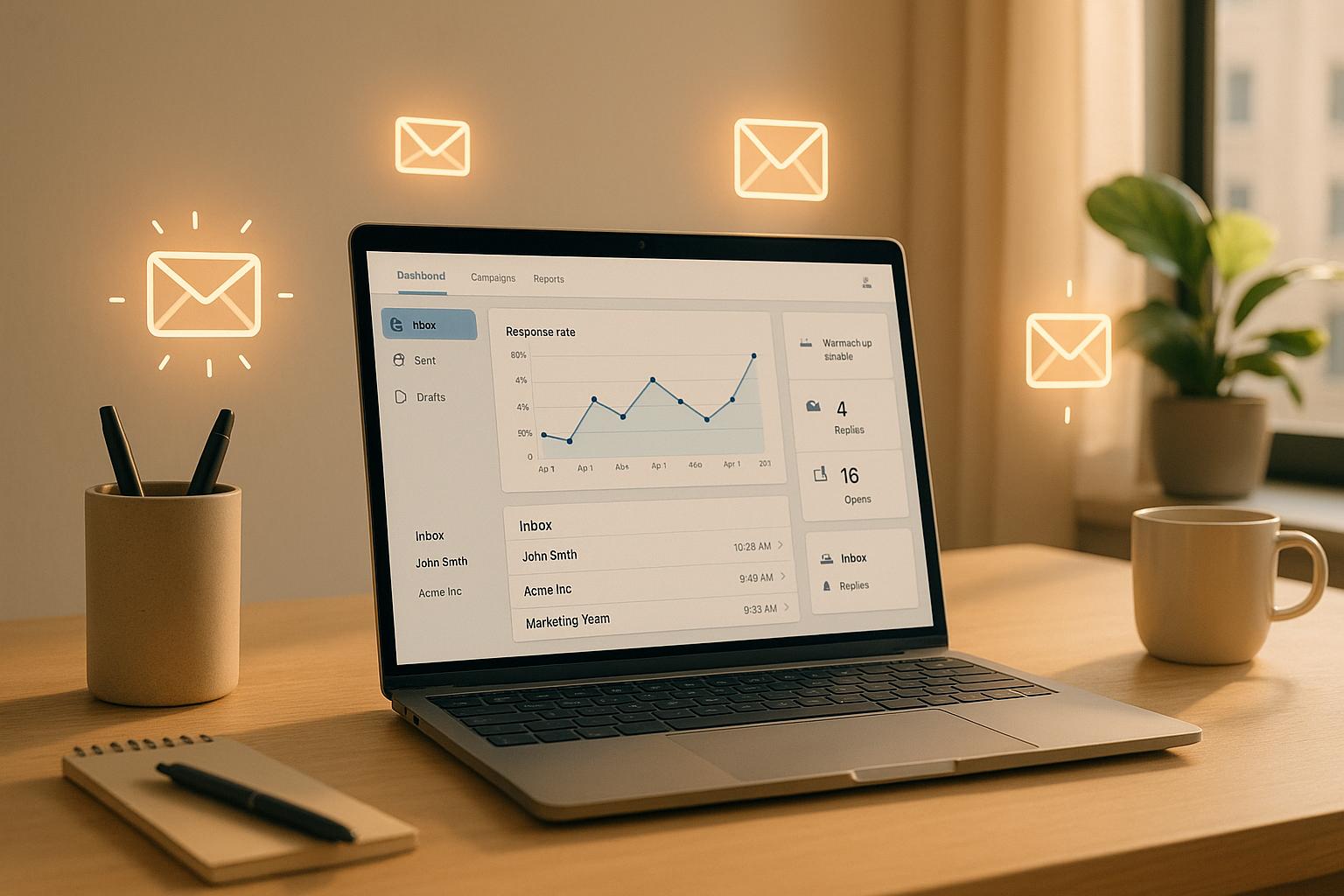 Sales development representative reviewing email warm-up tool dashboard showing deliverability metrics and inbox placement rates