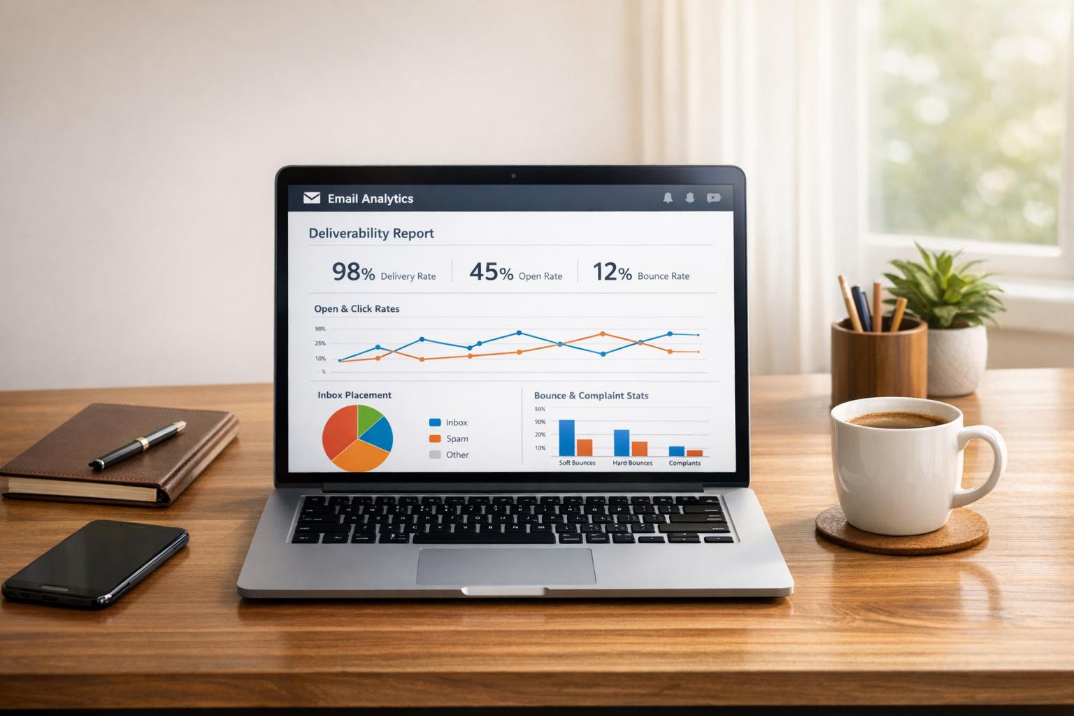 Email deliverability benchmarking tools dashboard showing inbox placement rates and spam filter test results for marketing campaigns