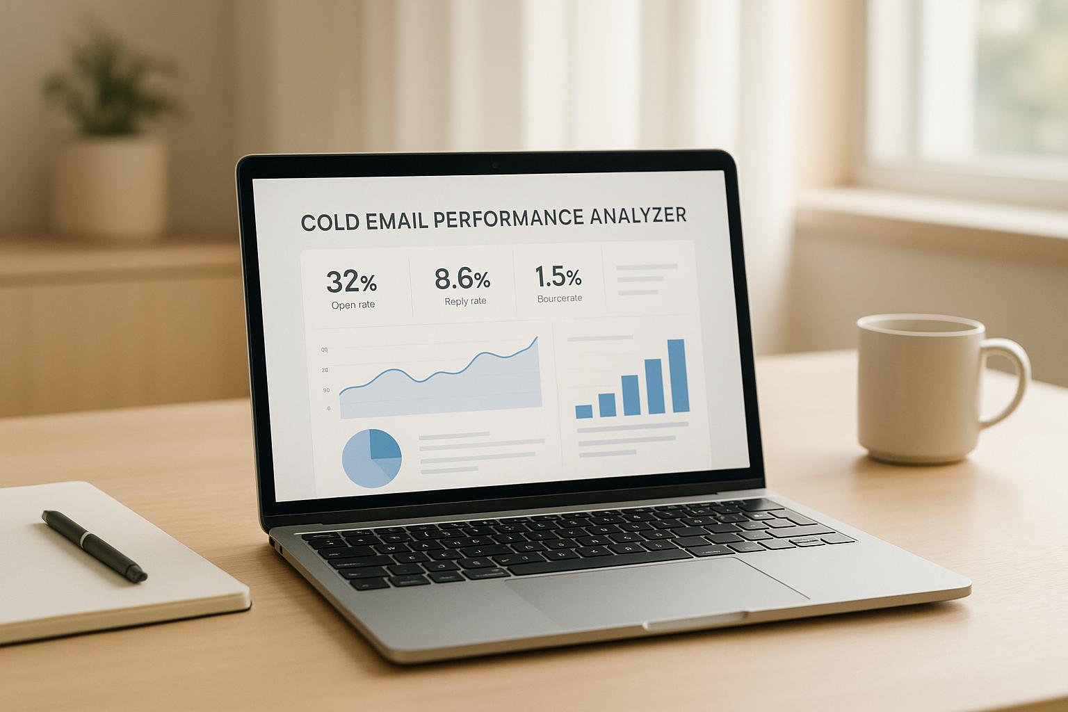 Marketing professional reviewing cold email analytics dashboard showing open rates and reply metrics for outreach campaign optimization