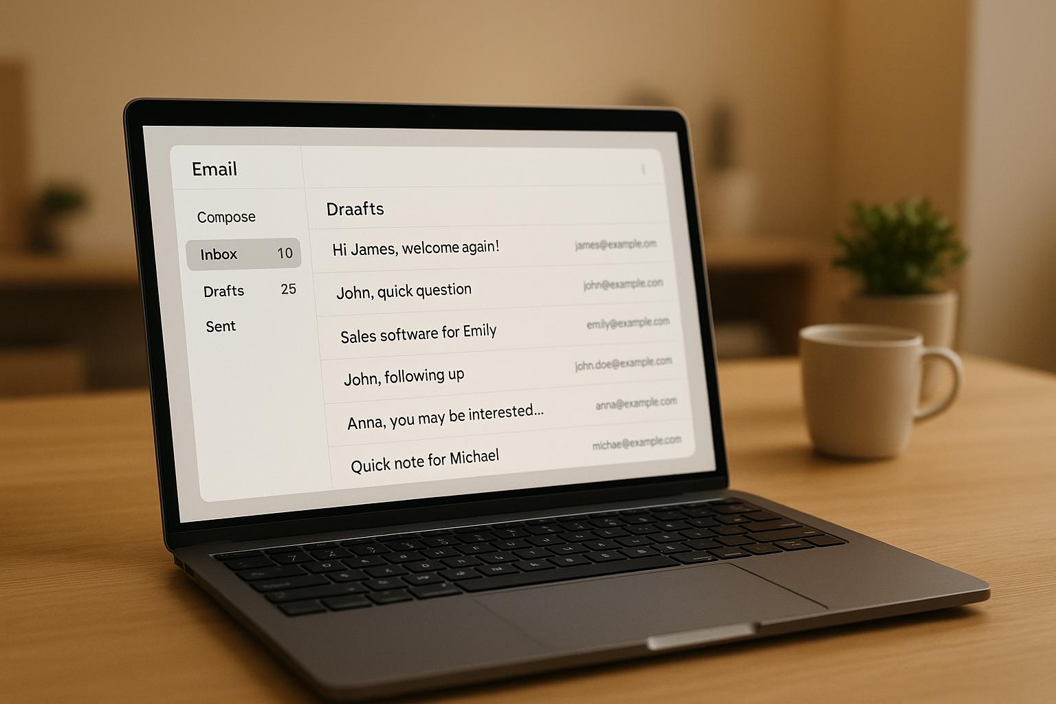Business professional analyzing email campaign performance metrics and growth charts on laptop dashboard