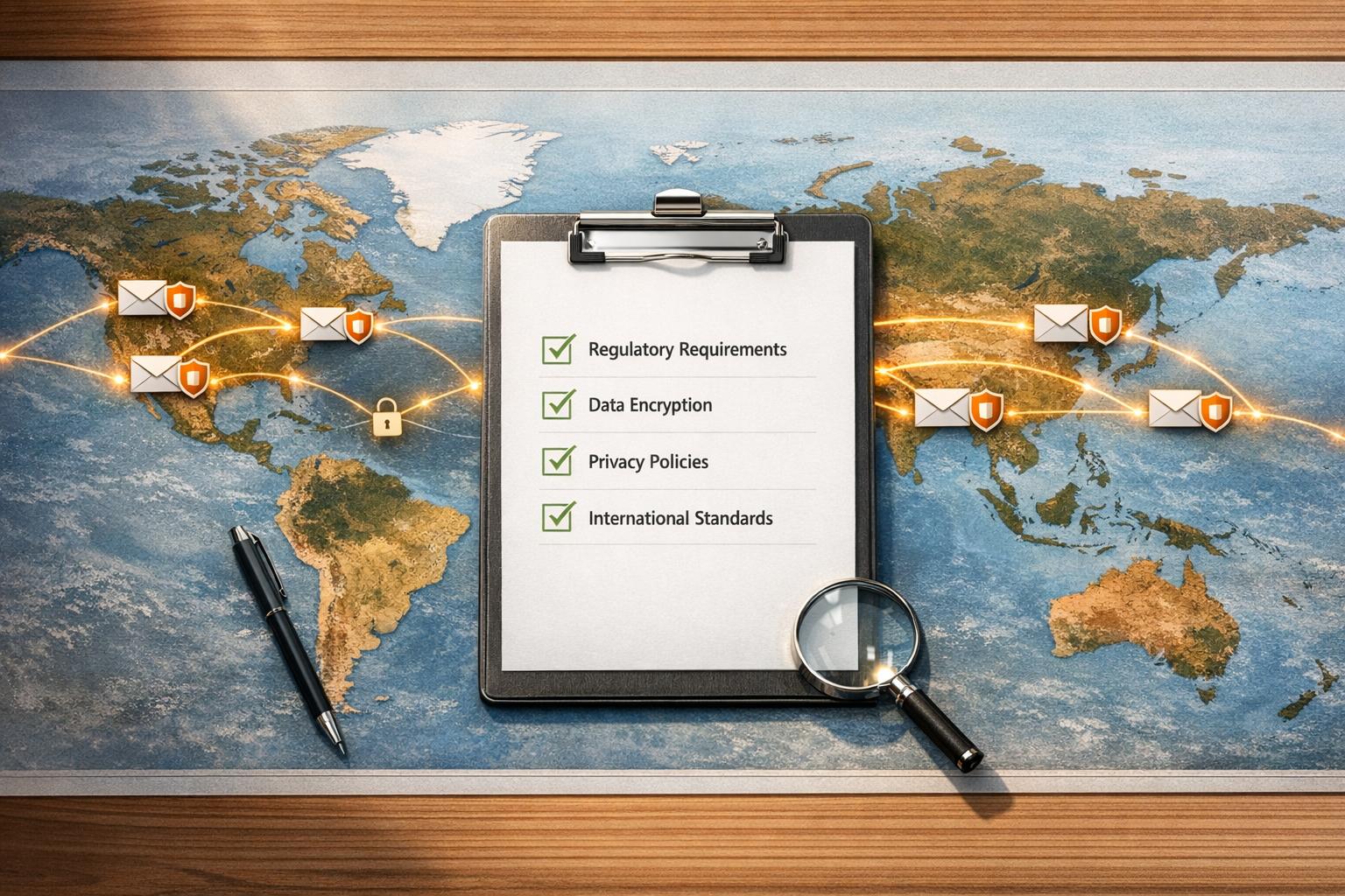 Email marketing compliance checklist showing GDPR, CAN-SPAM, and CASL regulations for international campaigns