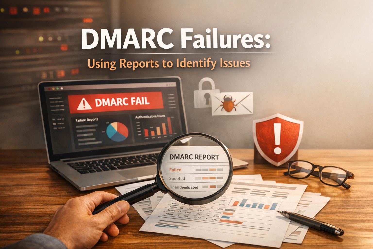 Email administrator analyzing DMARC failure reports on computer dashboard to troubleshoot authentication and deliverability issues