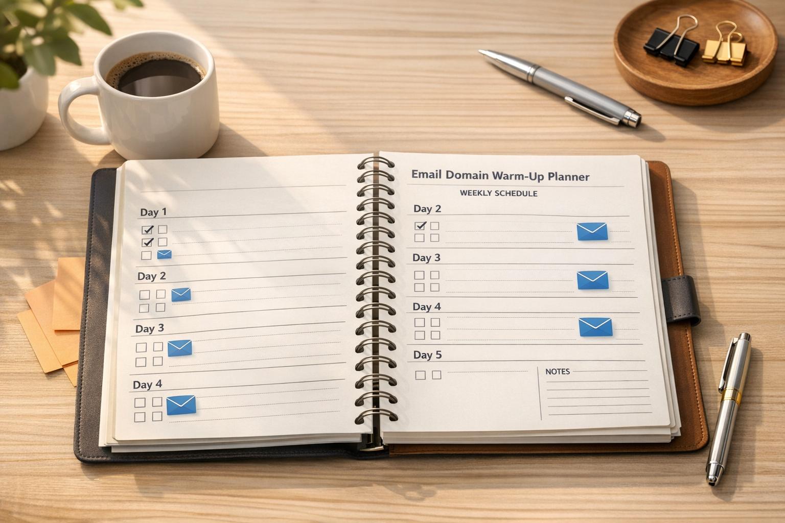 Email marketer reviewing domain warm-up schedule to improve deliverability and sender reputation for new email campaigns