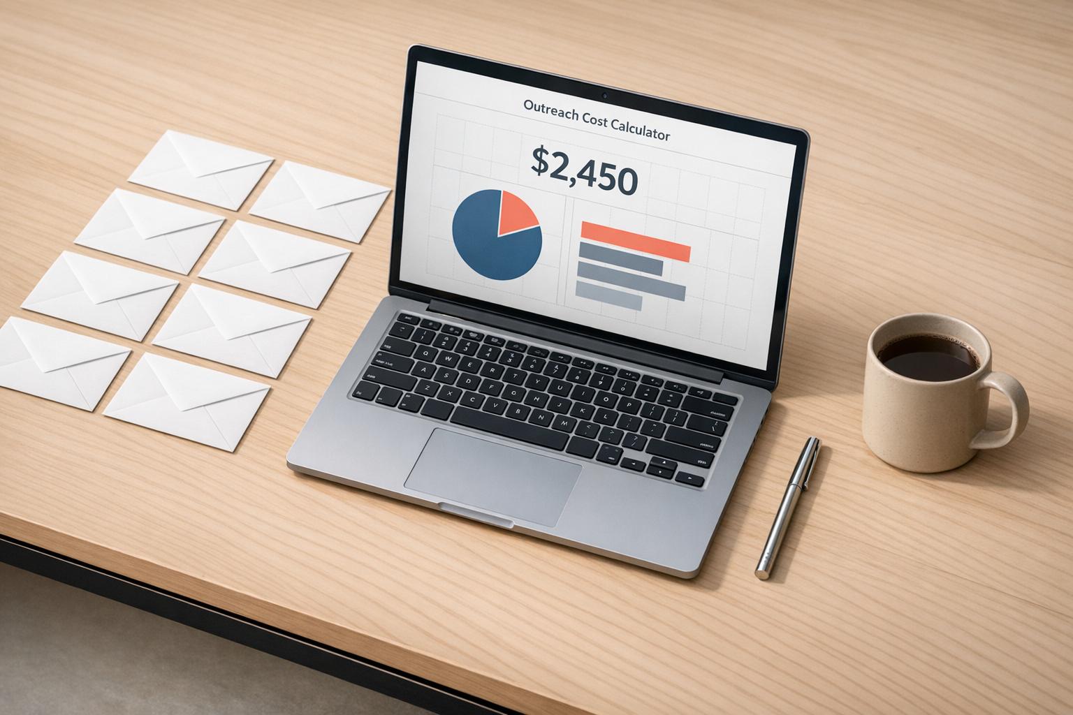 Email marketing professional analyzing campaign costs and budget planning on laptop with financial charts and calculator