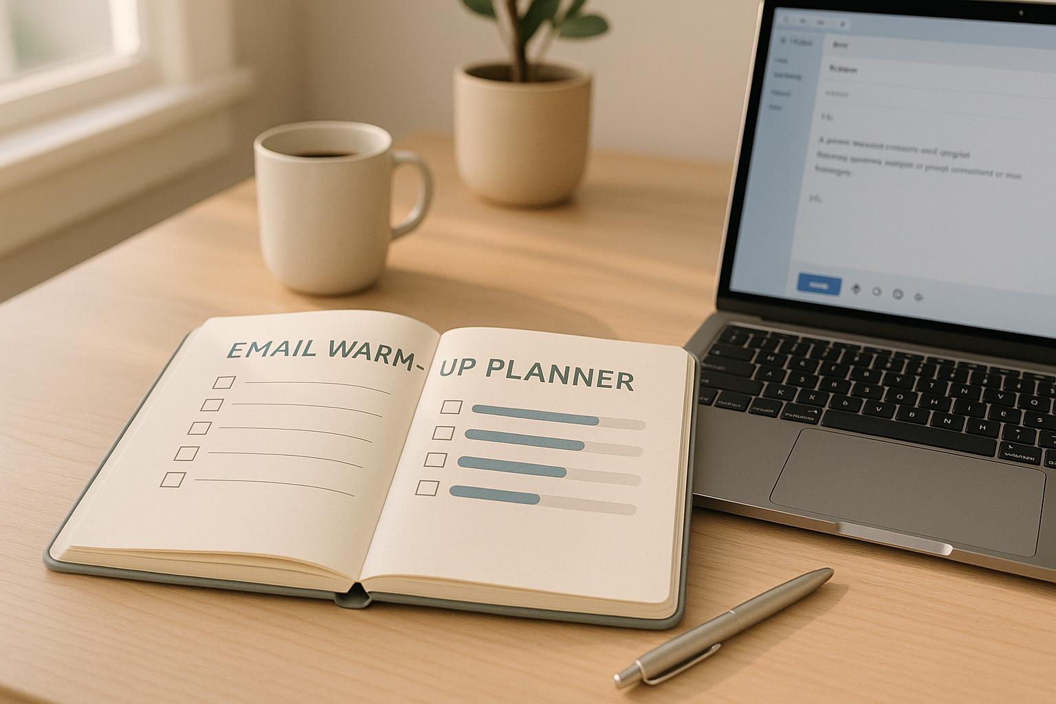 Email marketing professional reviewing email warm-up strategy dashboard showing gradual sending volume increase and deliverability metrics
