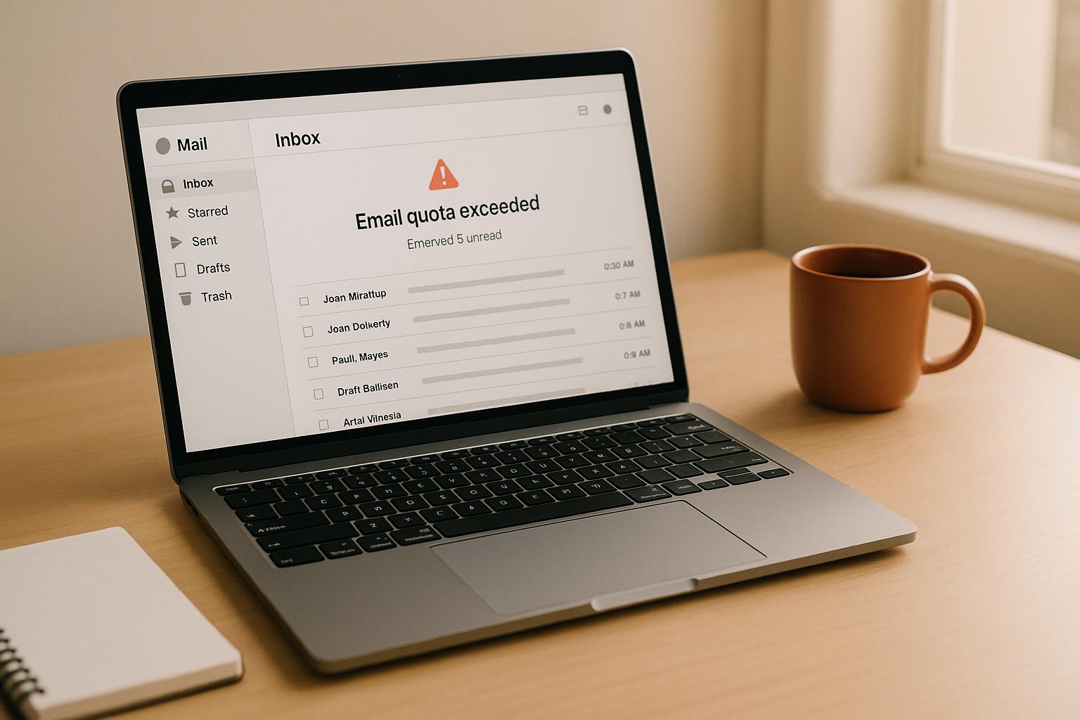 Overflowing mailbox with warning symbols showing email quota exceeded errors and storage management solutions