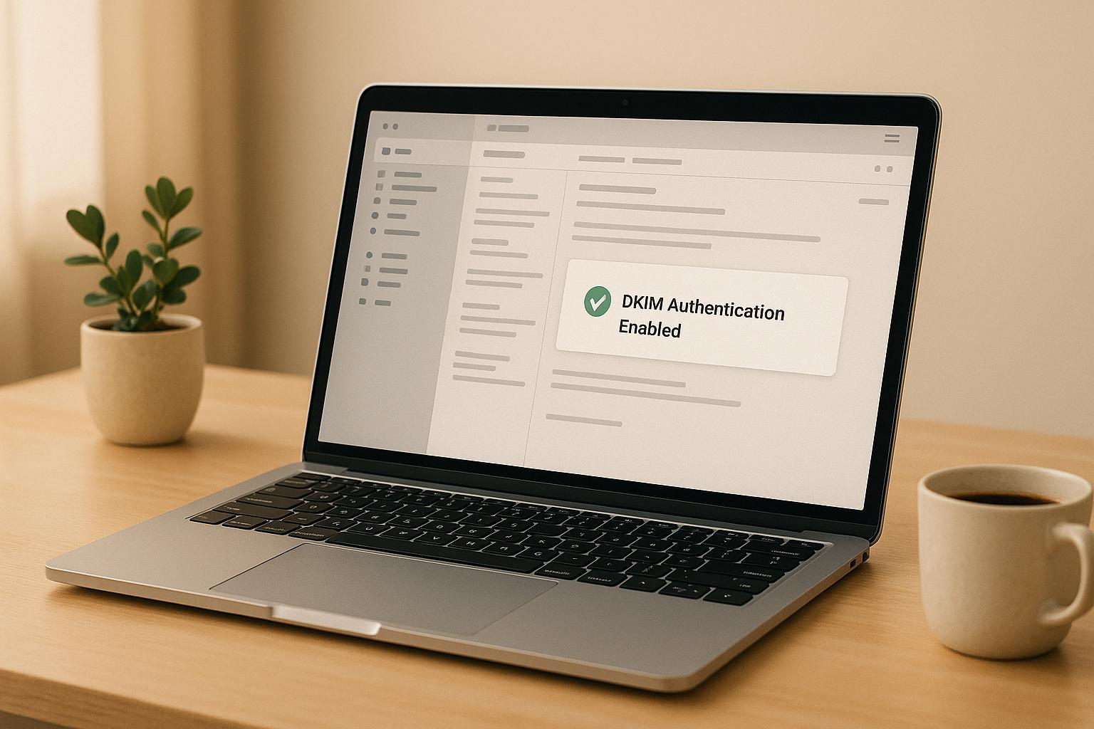 Email administrator configuring DKIM authentication settings in DNS records to improve email security and deliverability