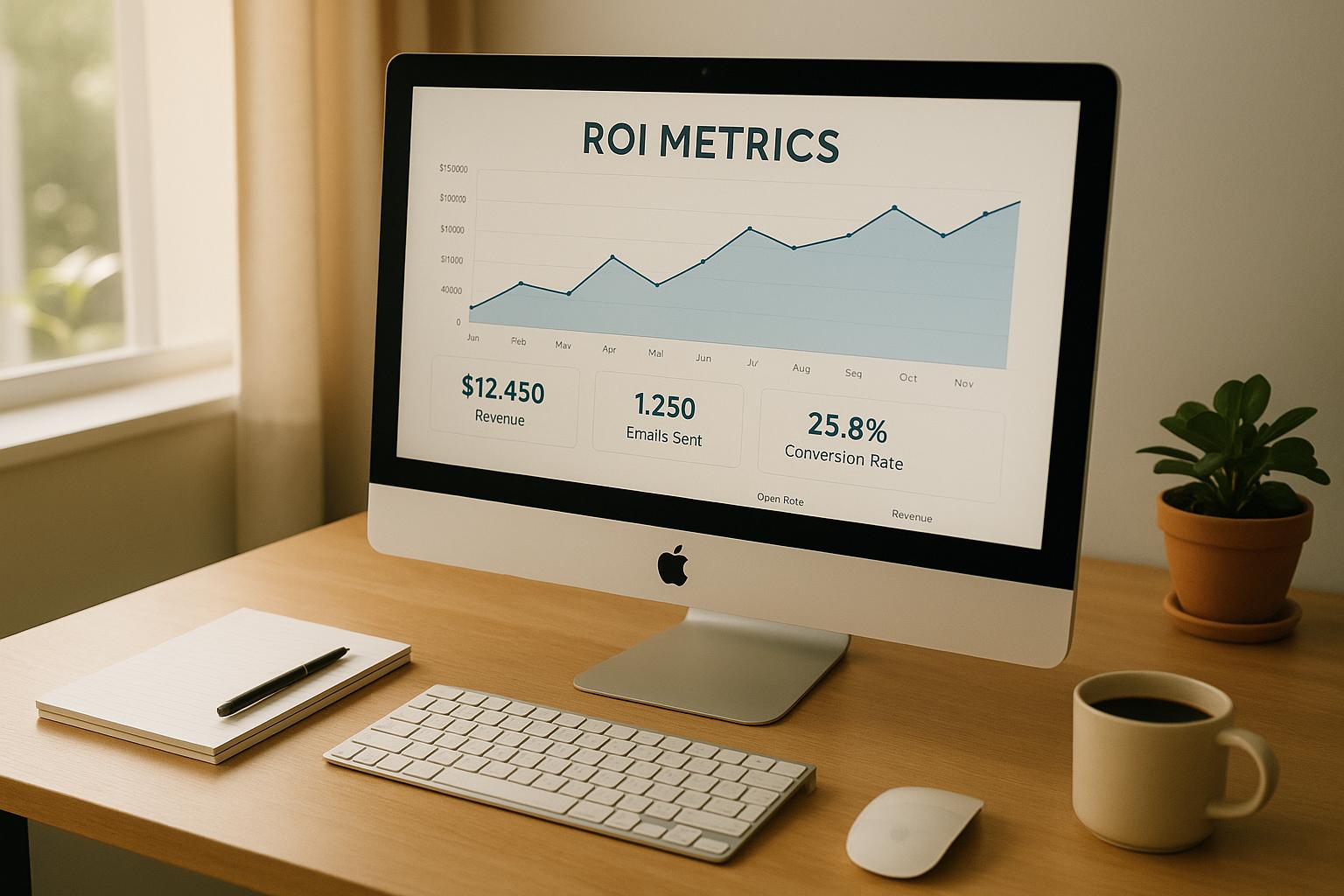 Business professional analyzing cold email campaign performance metrics and ROI data on laptop dashboard