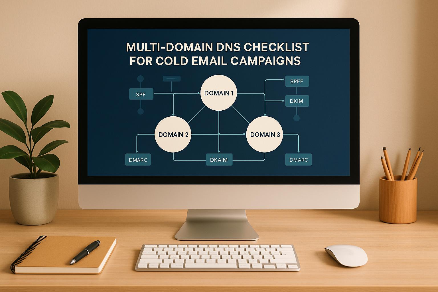 Professional reviewing DNS configuration settings for cold email deliverability across multiple domains with SPF, DKIM, and DMARC records