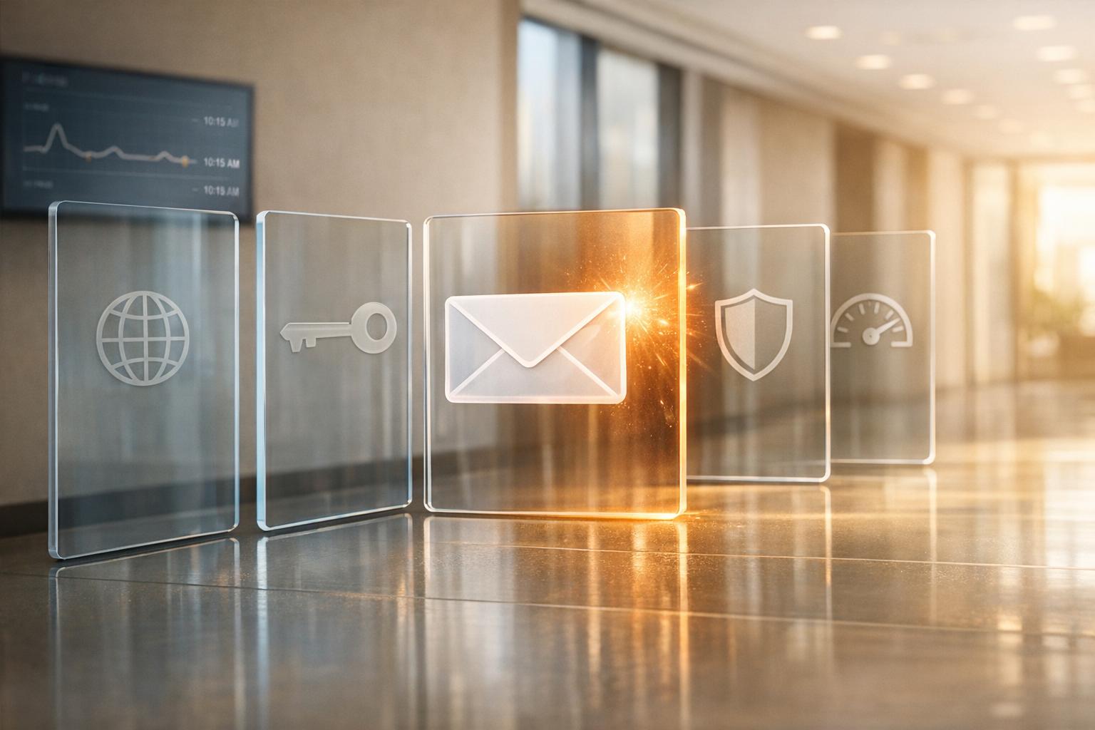 Business professional reviewing Office 365 email delivery settings and authentication configurations on computer screen