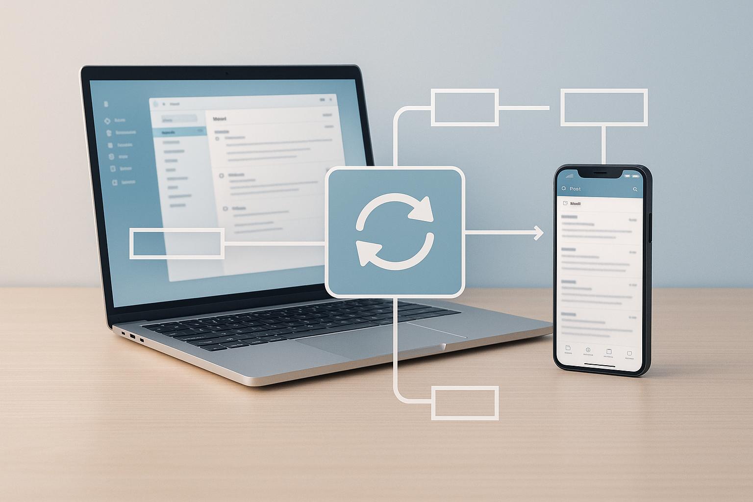 Person troubleshooting Outlook sync issues on laptop with email notifications and settings interface displayed on screen