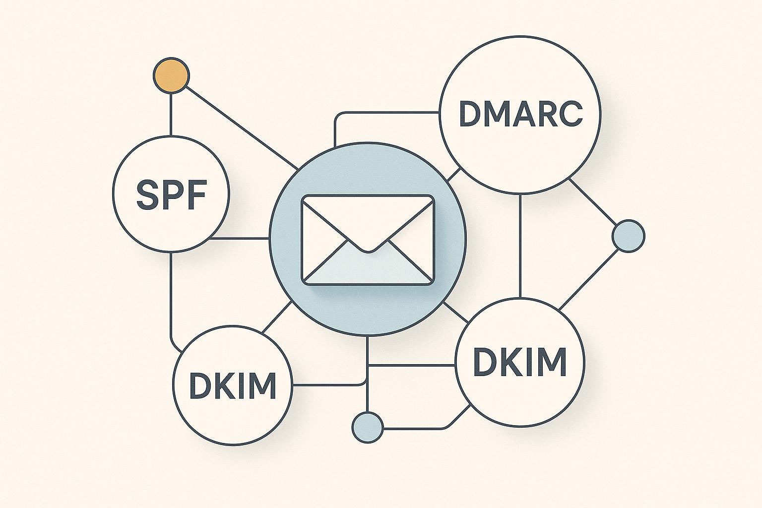 Email authentication protocols SPF, DKIM, and DMARC displayed with configuration settings and troubleshooting solutions