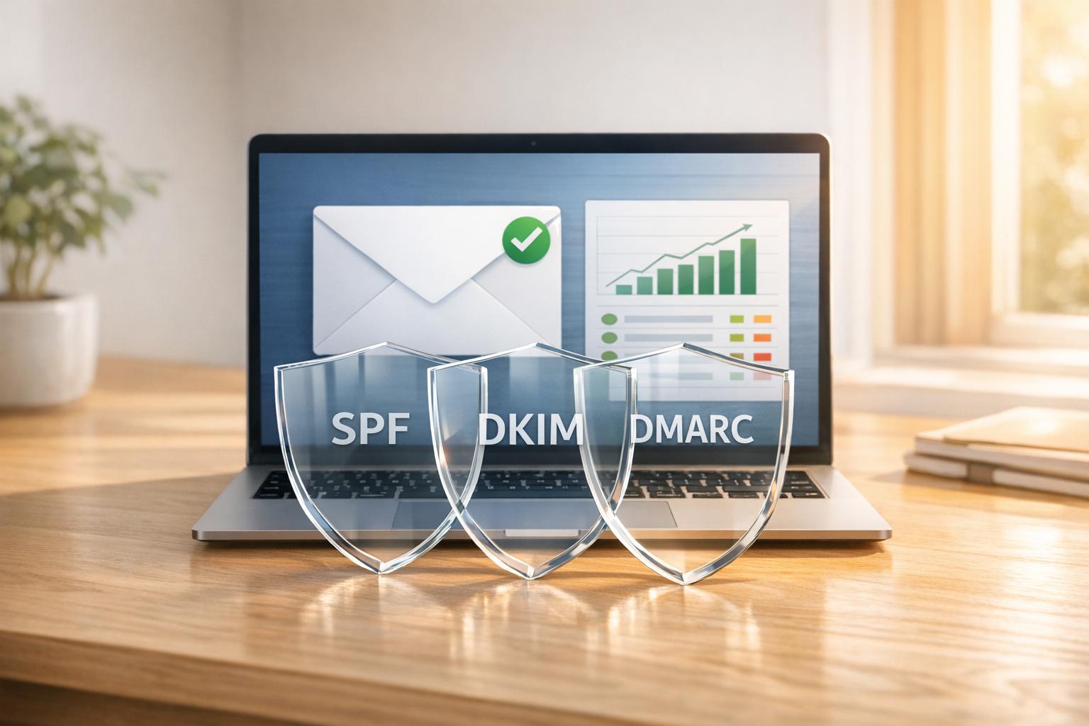 Email authentication protocols SPF, DKIM, and DMARC protecting domain reputation and improving email deliverability rates