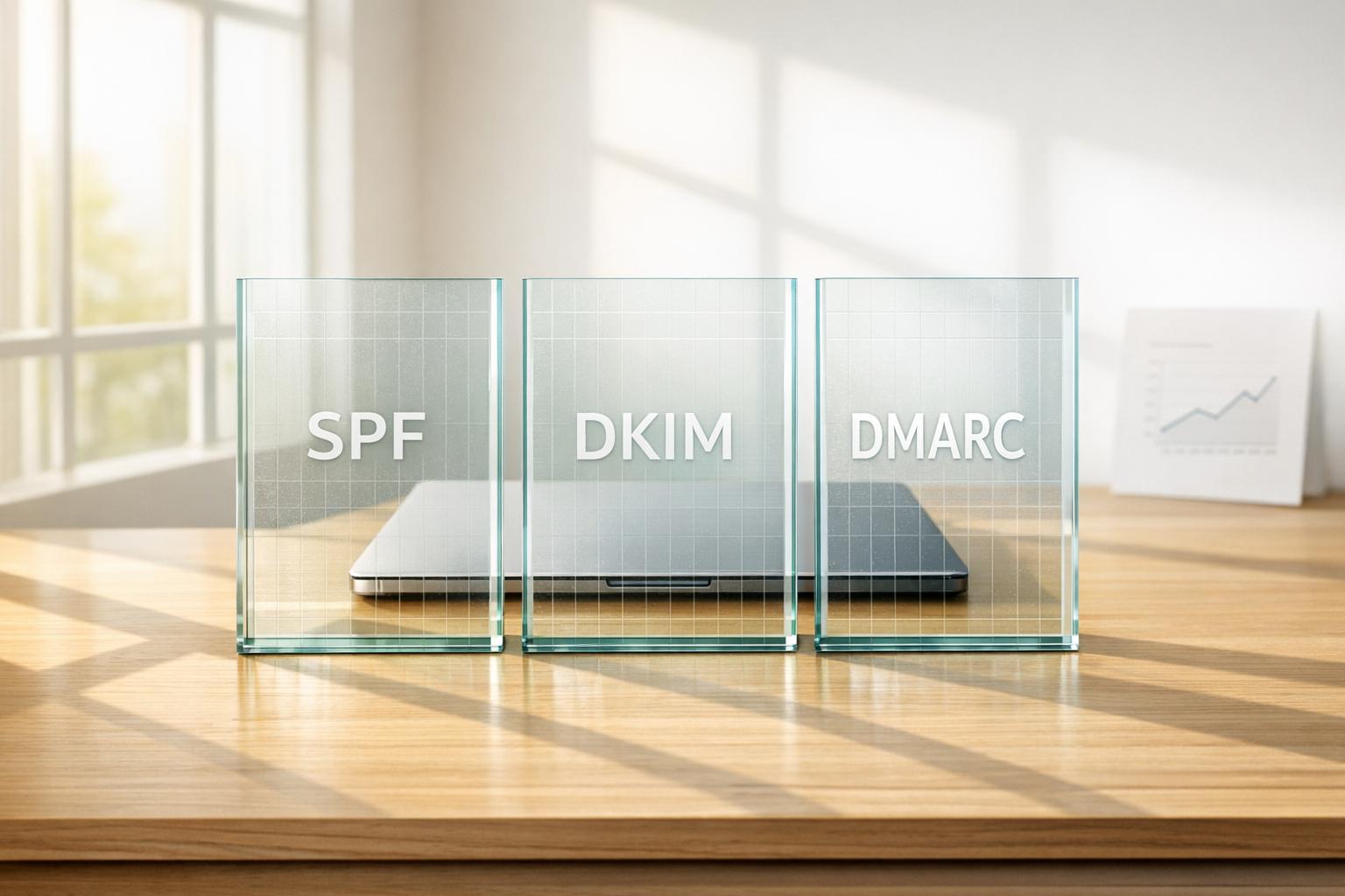 Email authentication DNS records configuration showing SPF, DKIM, and DMARC setup for improved email deliverability